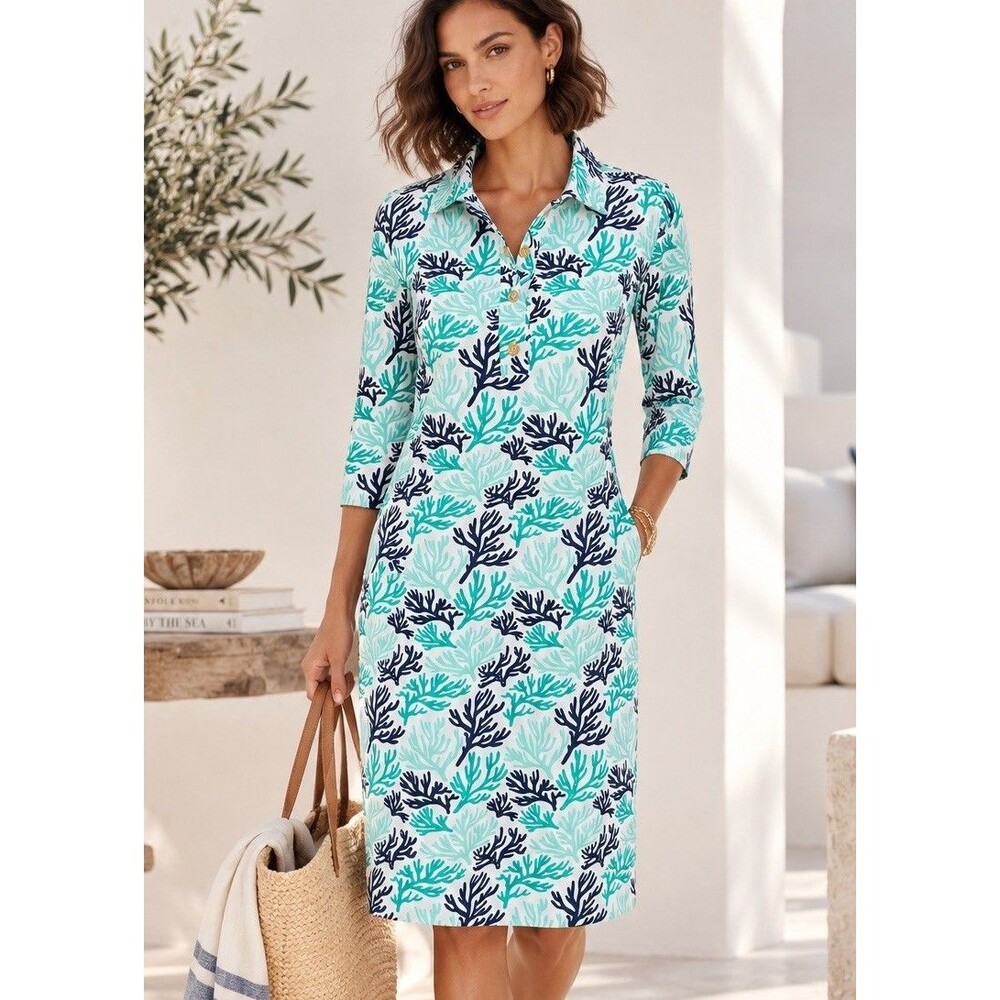Katherine Way Coral Print Collared Knit Dress Women Sz M 3/4 Sleeve Coastal NWOT